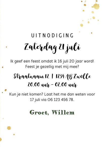 Uitnodiging verjaardag 20 zomers palmbomen typografisch goud 3