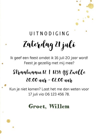 Uitnodiging verjaardag 20 zomers palmbomen typografisch goud 3