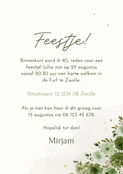 Uitnodiging verjaardag 40 in groene bloemen feestje 3