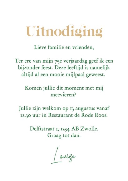 Uitnodiging verjaardag 75 jaar waterverf ballonnen goud  3