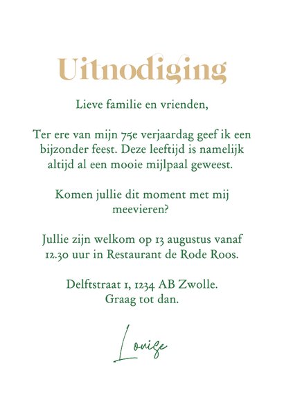 Uitnodiging verjaardag 75 jaar waterverf ballonnen goud 3