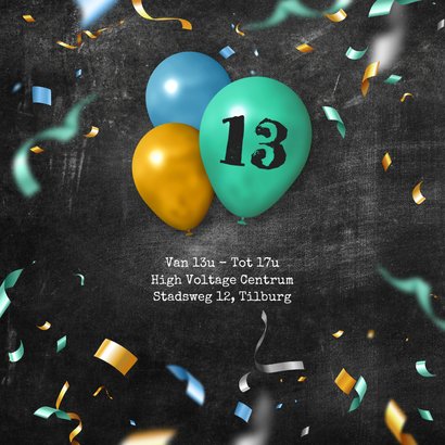 Uitnodiging verjaardag ballonnen confetti krijt foto 13 jaar 2