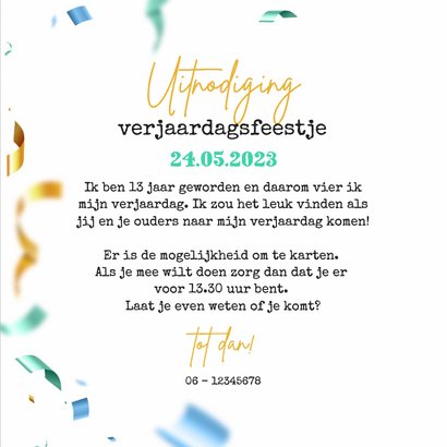 Uitnodiging verjaardag ballonnen confetti krijt foto 13 jaar 3