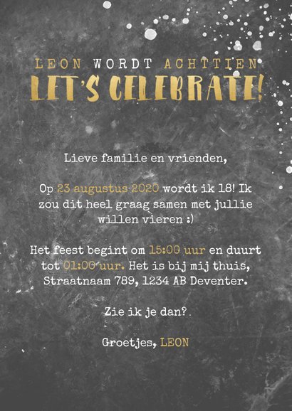 Uitnodiging verjaardag beton, foto, spetters en typografie 3