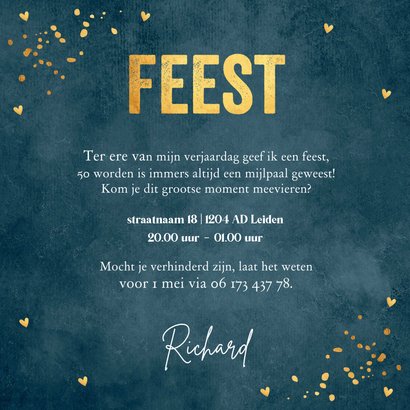 Uitnodiging verjaardag blauw velvet-look foto goudlook 3