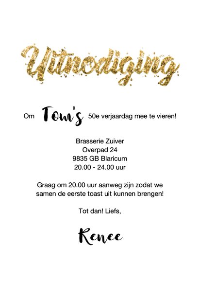 Uitnodiging verjaardag borrel confetti goud met eigen foto 3