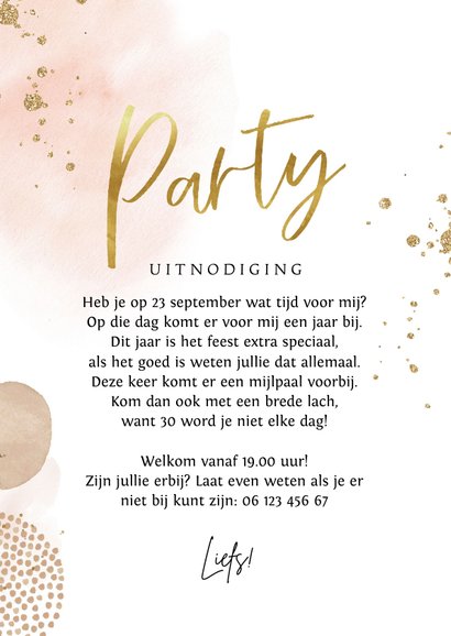 Uitnodiging verjaardag champagne waterverf en goudlook 3