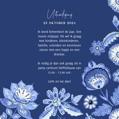 Uitnodiging verjaardag Delfts blauw bloemenkader 3