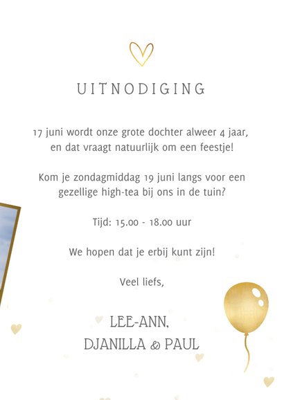 Uitnodiging verjaardag kind 4 jaar met eigen foto en hartjes 3