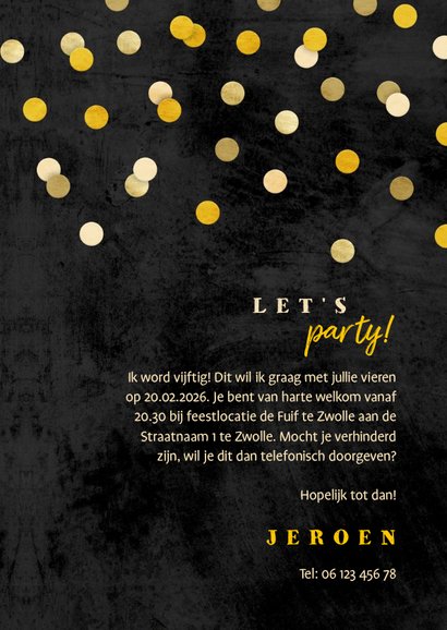 Uitnodiging verjaardag krijtbord met confetti aanpasbaar 3