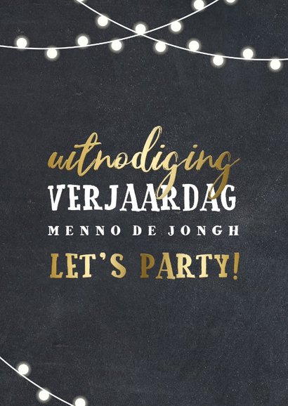 Uitnodiging verjaardag lampjes goud met foto 2