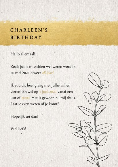 Uitnodiging verjaardag met gouden streep en lijntekening tak 3