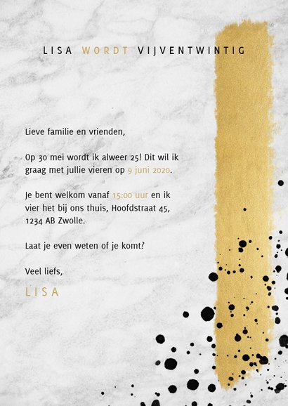 Uitnodiging verjaardag met marmer, gouden streep en spetters 3