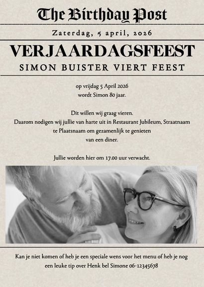Uitnodiging verjaardag voorpagina krant 3