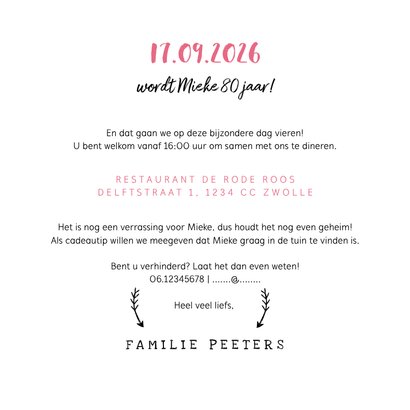 Uitnodiging verjaardag  vrouw hip met geschilderde bloemen 3