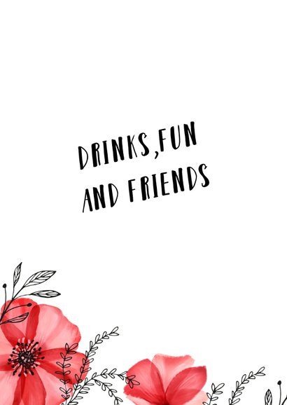 Uitnodiging verjaardag vrouw hip met rode bloemen en foto 2