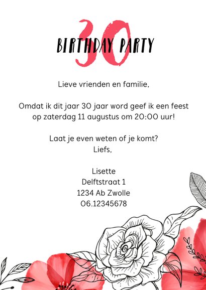 Uitnodiging verjaardag vrouw hip met rode bloemen en foto 3
