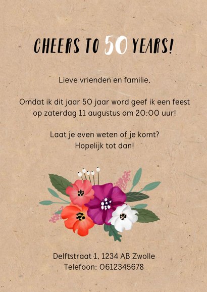 Uitnodiging verjaardag vrouw kraftlook met vrolijke bloemen 3