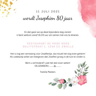 Uitnodiging verjaardag vrouw met waterverf, bloemen en foto 3