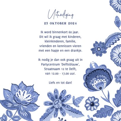 Uitnodiging verjaardagsfeest 60 Delfts blauw bloemen 3