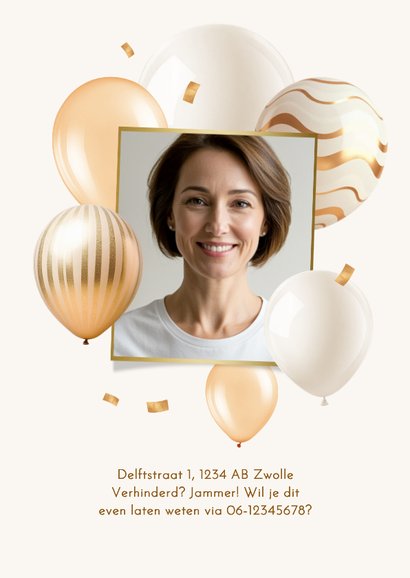 Uitnodiging verjaardagsfeest ballonnen goud beige foto 2