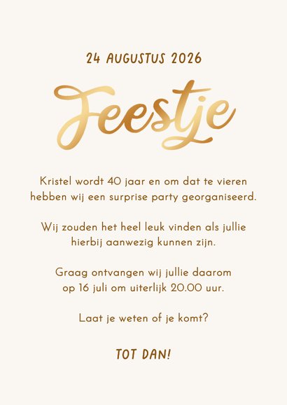 Uitnodiging verjaardagsfeest ballonnen goud beige foto 3