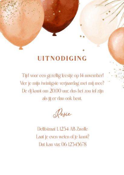 Uitnodiging verjaardagsfeest ballonnen terra cotta bohemian 3