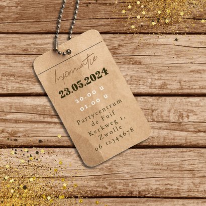 Uitnodiging verjaardagsfeest hout goud glitter label foto 2