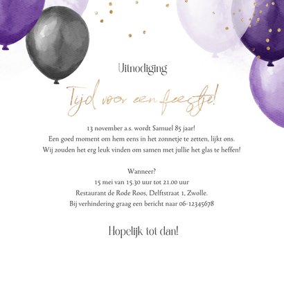 Uitnodiging verjaardagsfeest unisex ballonnen confetti paars 3