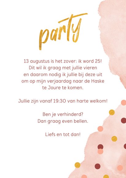 Uitnodiging verjaardagsfeestje confetti en waterverf roze 3