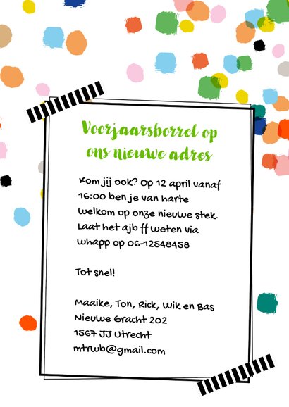 Uitnodiging voor borrel 'eigen thema' confetti 3