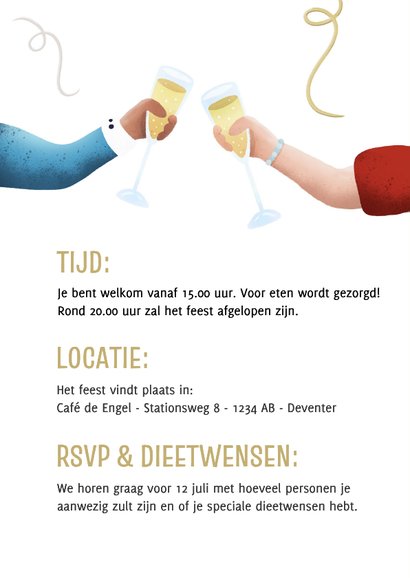 Uitnodiging voor een jubileum feest met proostende handen 2