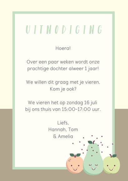 Uitnodiging voor een kinderfeestje met lief fruit met oogjes 3