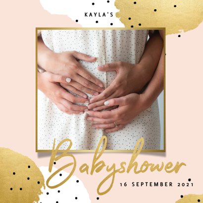 Uitnodiging voor je babyshower goud roze en zwarte stipjes 2