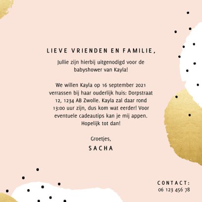 Uitnodiging voor je babyshower goud roze en zwarte stipjes 3
