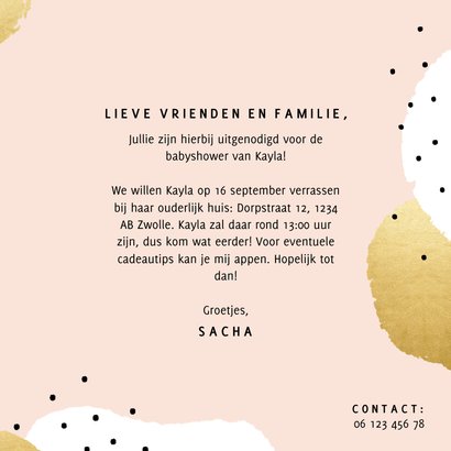 Uitnodiging voor je babyshower goud roze en zwarte stipjes 3