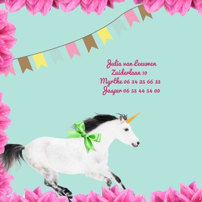 Uitnodiging voor kinderfeestje met eenhoorn en bloemen 2