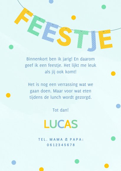 Uitnodiging voor kinderfeestje met letter slinger blauw 3