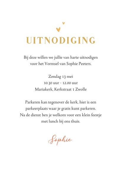 Uitnodiging vormsel bloemen hartjes goud foto 3