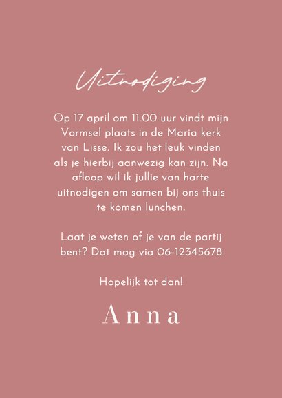 Uitnodiging vormsel communie oudroze met foto 3