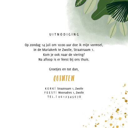 Uitnodiging vormsel hip met planten en goudlook 3
