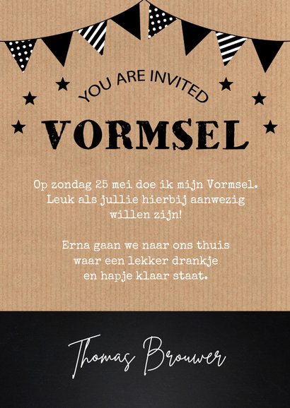 Uitnodiging vormsel jongen kraftlook slinger typografie 3