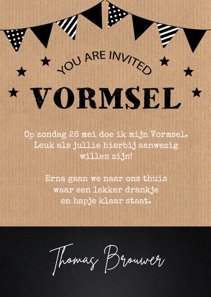 Uitnodiging vormsel jongen kraftlook slinger typografie 3