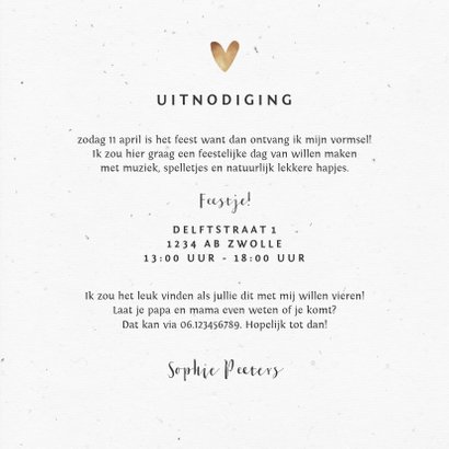 Uitnodiging vormsel meisje goud hartjes eucalyptus 3