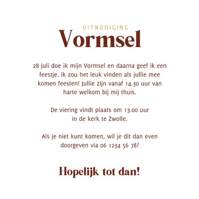 Uitnodiging Vormsel roestbruin met patroon en foto 3