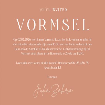 Uitnodiging vormsel stijlvol met veren terracotta 3