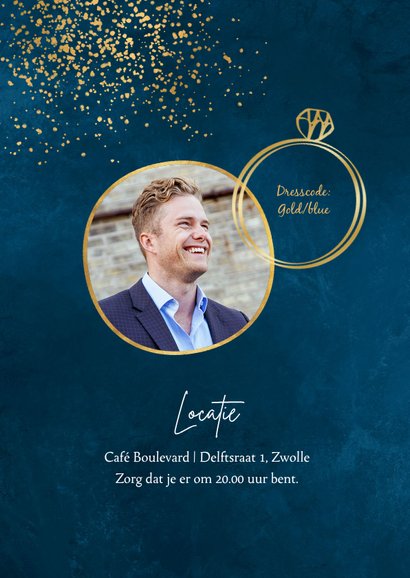 Uitnodiging vrijgezellenfeest bachelor party blauw goud 2