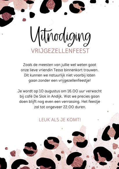 Uitnodiging vrijgezellenfeest panterprint waterverf rosélook 3