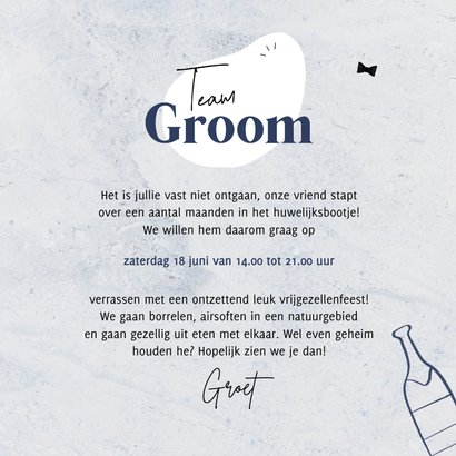 Uitnodiging vrijgezellenfeest team groom blauw marmer bier 3