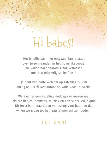 uitnodiging vrijgezellenfeest vrouw waterverf foto goud 3